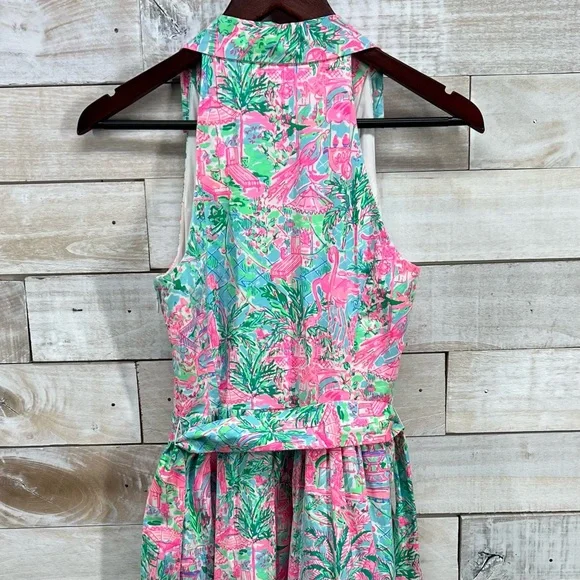 Lilly Pulitzer Dress Size 0 Pink Flamingo Halter Preppy Beach Coastal Fit Flare - Picture 10 of 16